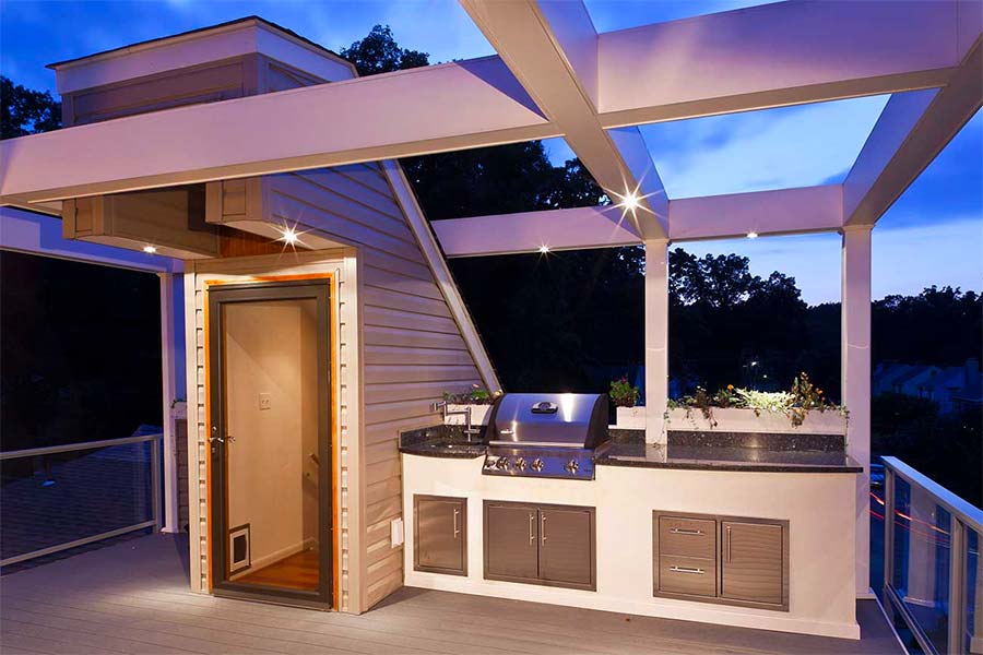 Creative outdoor lighting used on roof-top deck