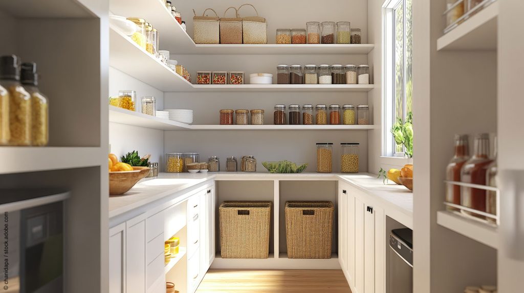 Walk-in kitchen pantry with cabinets, drawers, and shelves for storing foods, small appliances, and lesser used items